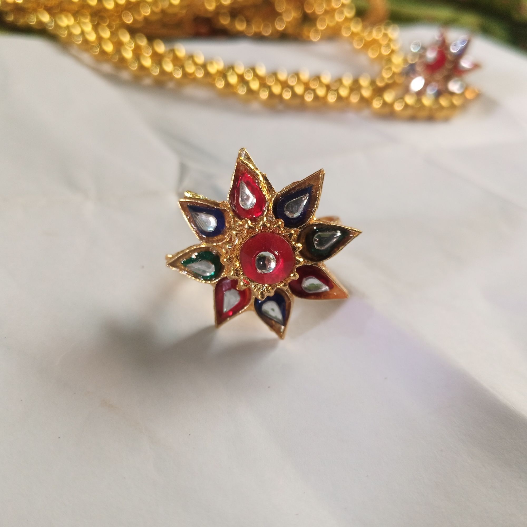 Gold-Plated Multicolor Kundan Adjustable Flower Ring – Festive Jewelry
