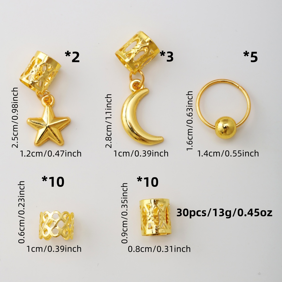 Golden Star Moon Hair Rings Set 30PCS Dreadlock Hair Cuffs Braid Accessories