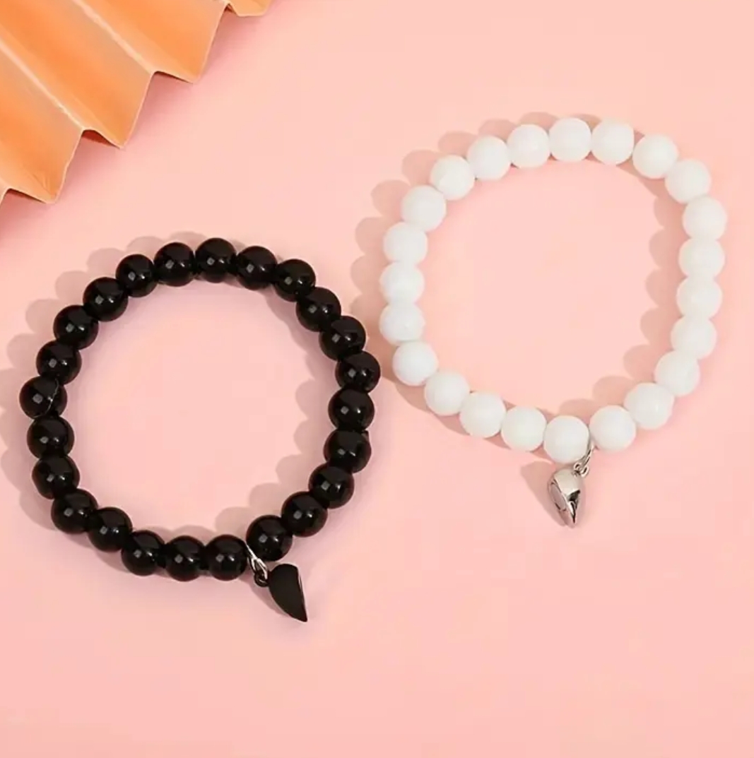 1 Pair Magnetic Couple Bracelets For Woman Men, New Fashionable Romantic Heart Matching Lovers Beads Yoga Bracelet, Valentine Gift Jewelry