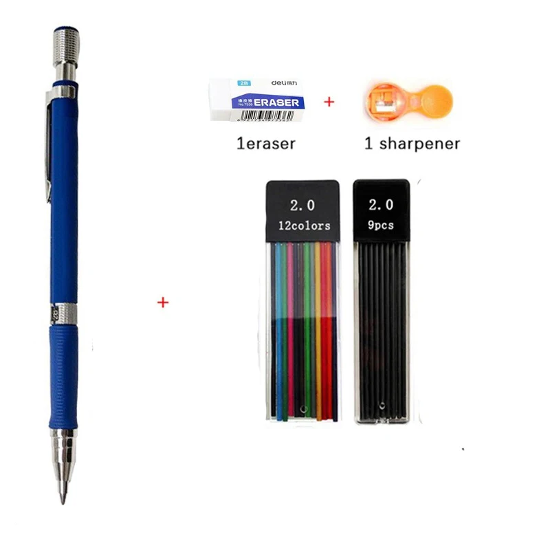 Mechanical Pencil Set 2.0 mm with 2B Black/Colors Lead Refill For