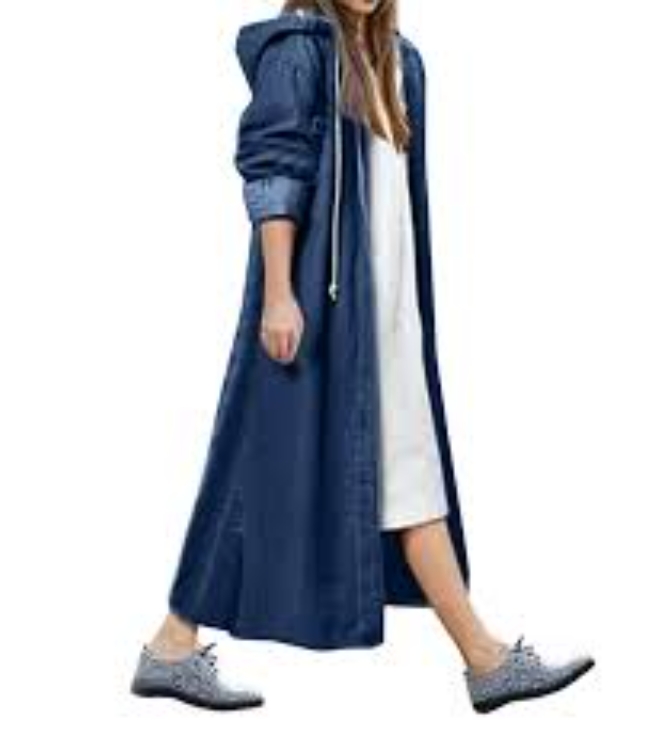 Stylish Long Hood Denim Coat Blue - Image 1