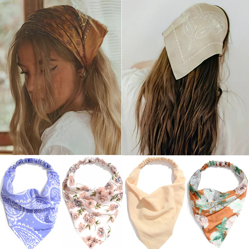 Scarf 2 Piece Set for Girls Hair 1/2Pcs Summer Vintage Print Flower Beach Bandana Elastic Headbands Women
