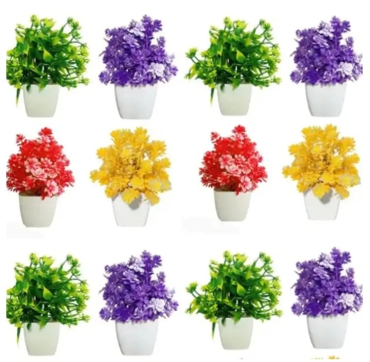 Buy 1 Get 1 Free - Mini Artificial Flower Pot with Vase (Pack of 2) | Premium Plastic Fake Plants for Home, Office, Kitchen & Room Decoration