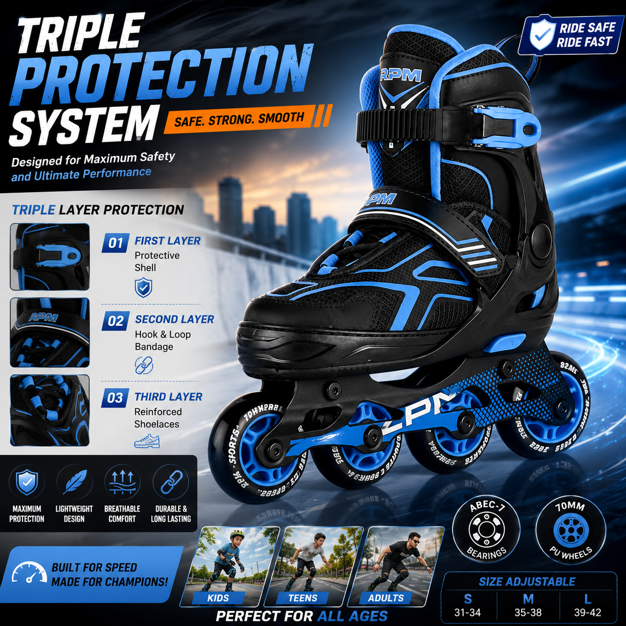 Adjustable Inline Skates for Kids & Adults | LED Light Up Wheels | Roller Skates | Professional Outdoor Skating Shoes | ABEC 7 Bearings