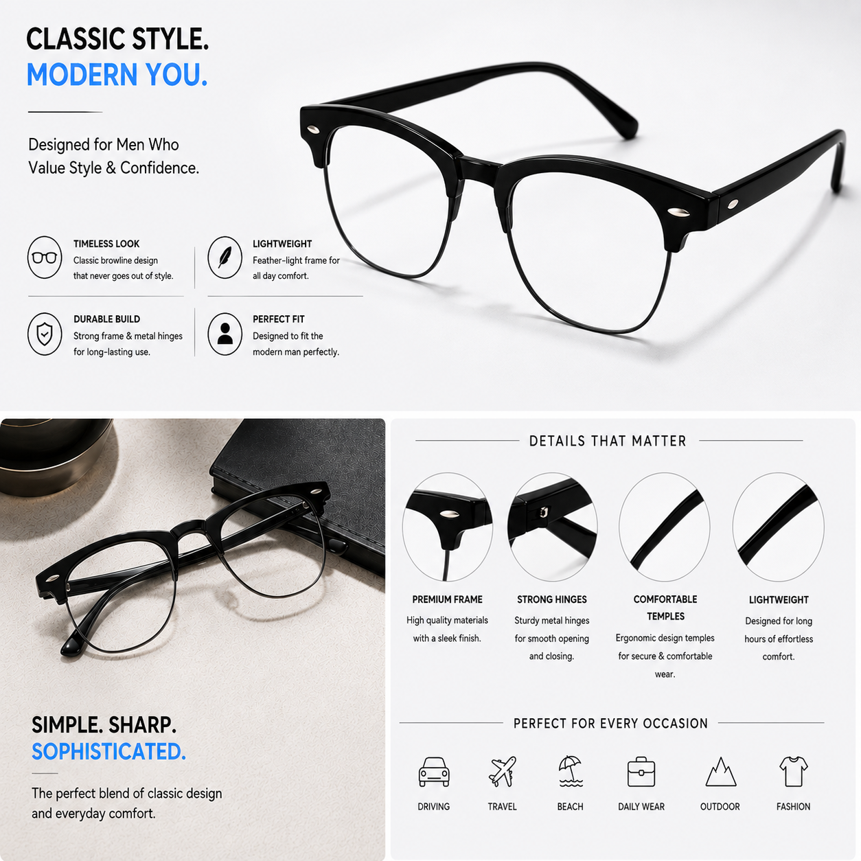 Men's Classic Half Frame Transparent Lens Eyeglasses | Stylish Black Metal Frame | Lightweight Fashion Glasses for Daily Wear