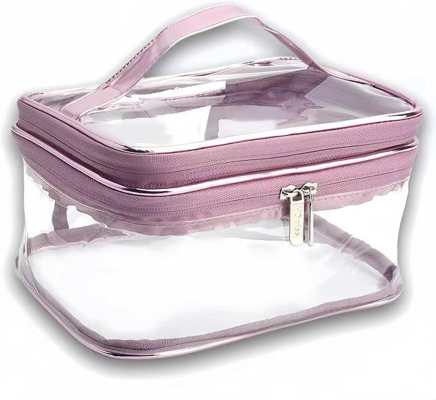 Clear Makeup Bags, Travel Cosmetic Zipper Pouch for Women, Transparent Makeup Organizer Storage Case for MakeUp Brushes, Travel Toiletry Bags for Girls with Portable Handle (Pink (Double Layer))