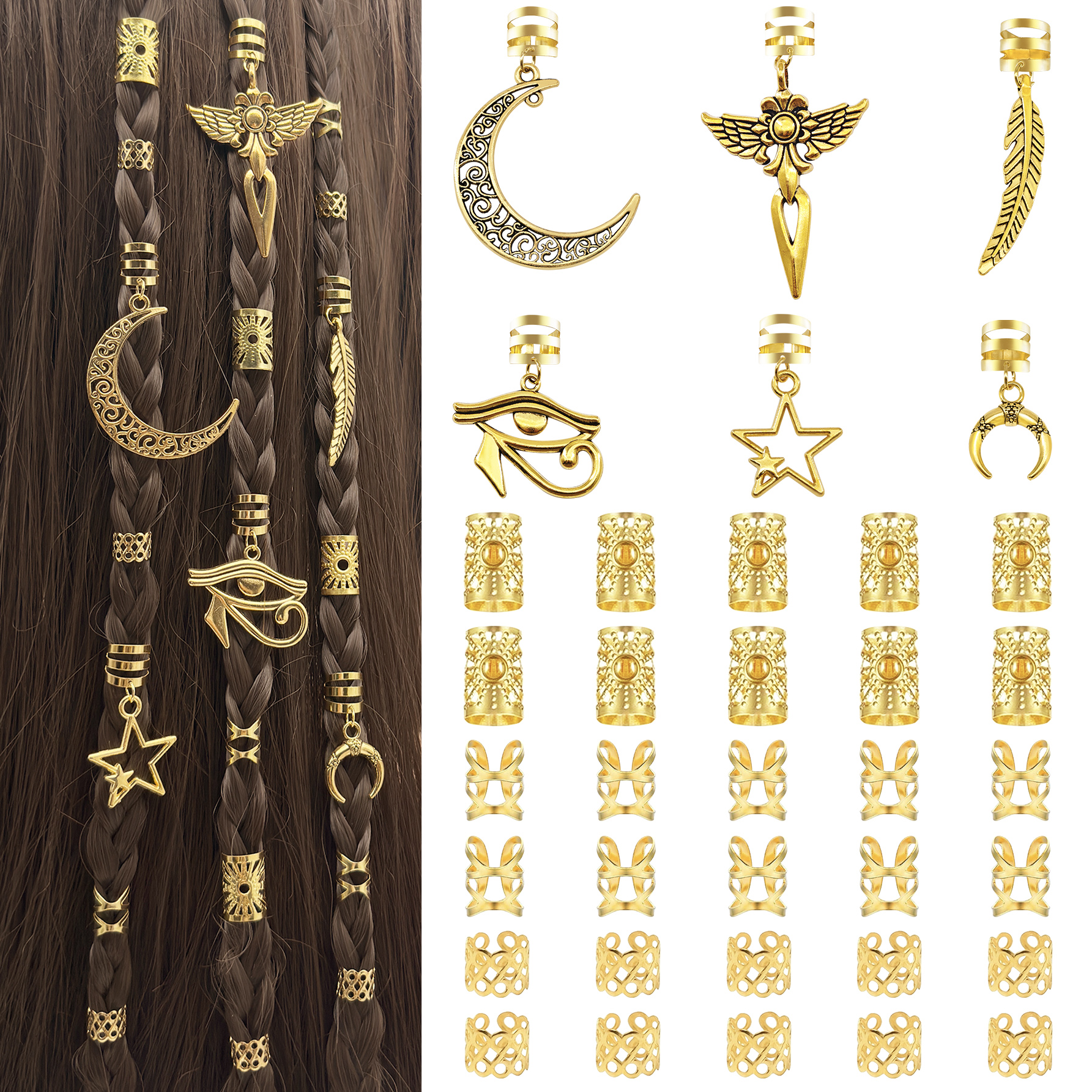 36PCS Hair Jewelry for Braids Loc Jewelry Moon&Star Feather Fly Braid Clips Multi Style Loc Dreadlock Beads Hair Ring for Women