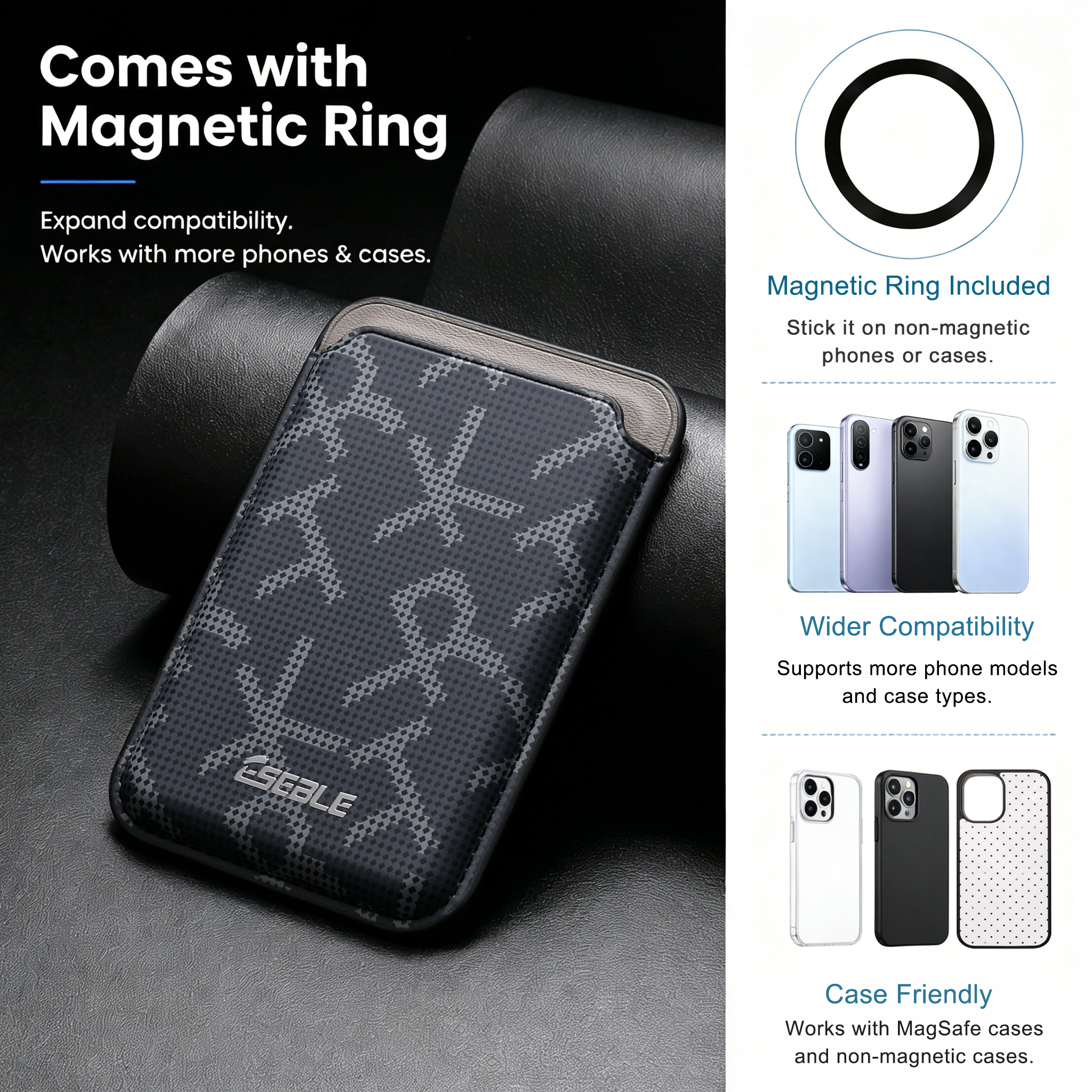 Magnetic Card Holder for Phone with Adhesive Metal Plate, Slim Carbon Fiber Wallet for Men Women, PU Leather Credit Card Case Wi