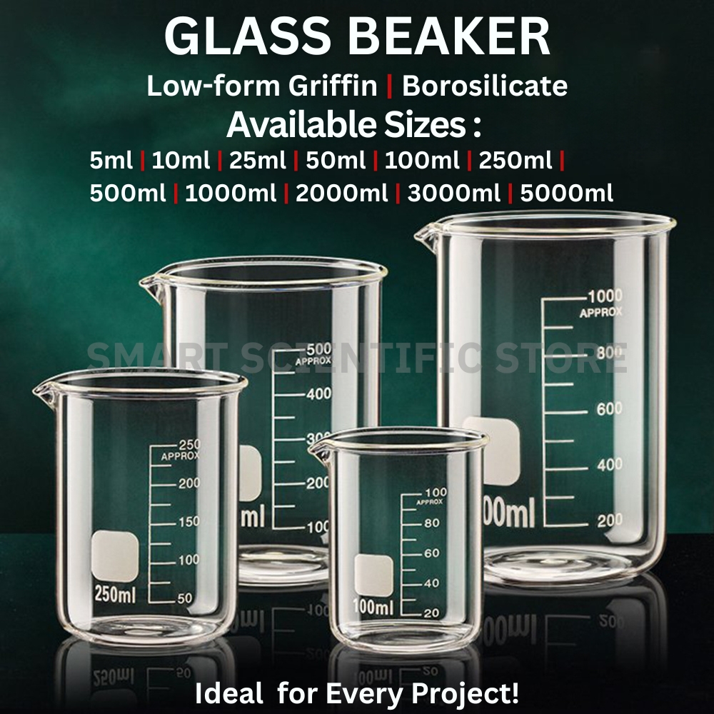 Glass Beaker 5ml / 10ml / 25ml / 50ml / 100ml / 250ml / 500ml / 1000ml / 2000ml / 3000ml/ 5000ml Low Form Griffin Borosilicate 3.3 Glass, marking Scale, Clear Graduated Measuring Cup for Lab, Heat Resistant, Chemistry, Baking, Perfume, Candle Making & DIY