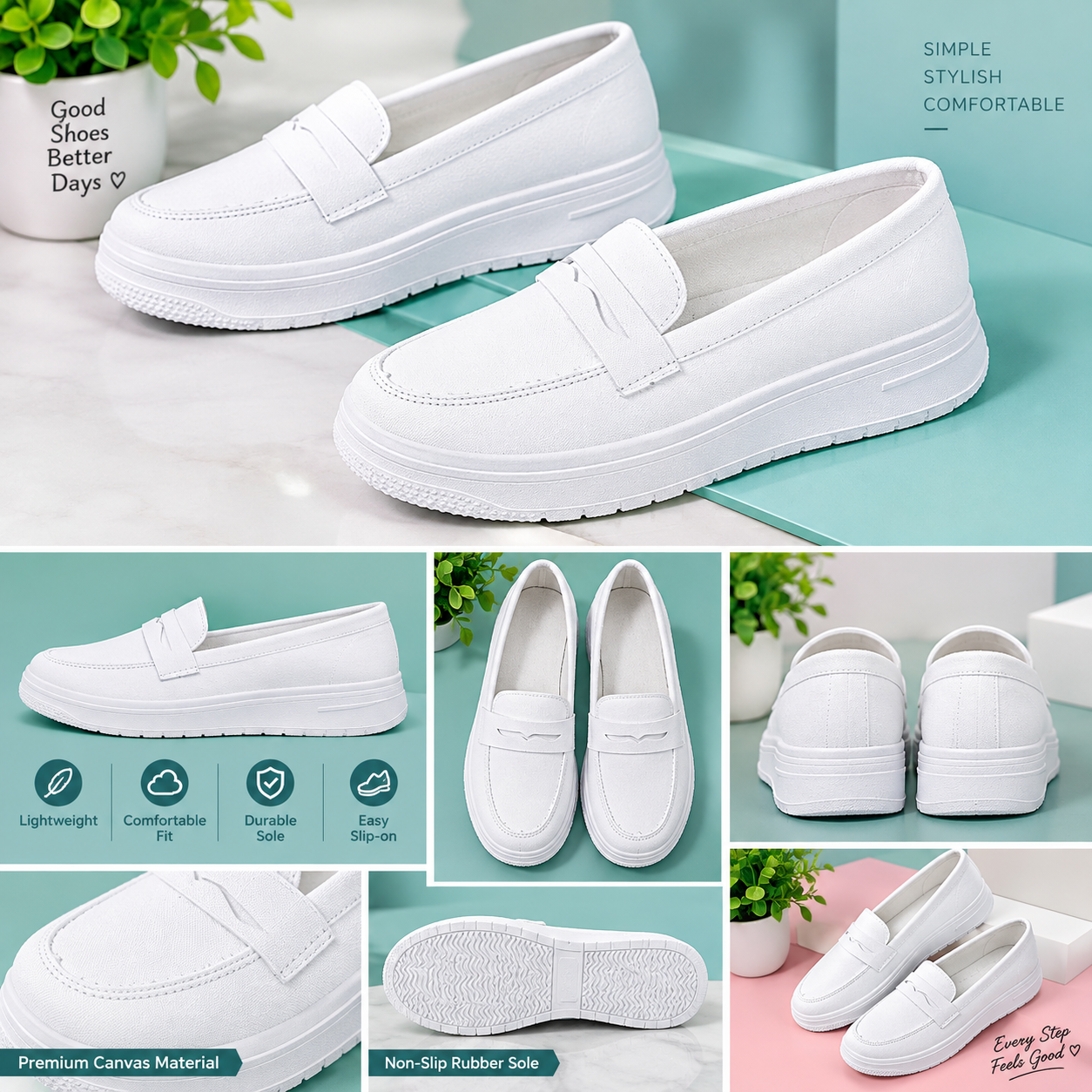 Women White Loafers Shoes | Ladies Slip-On Flat Shoes | Comfortable Casual Walking Shoes | Stylish Thick Sole Footwear