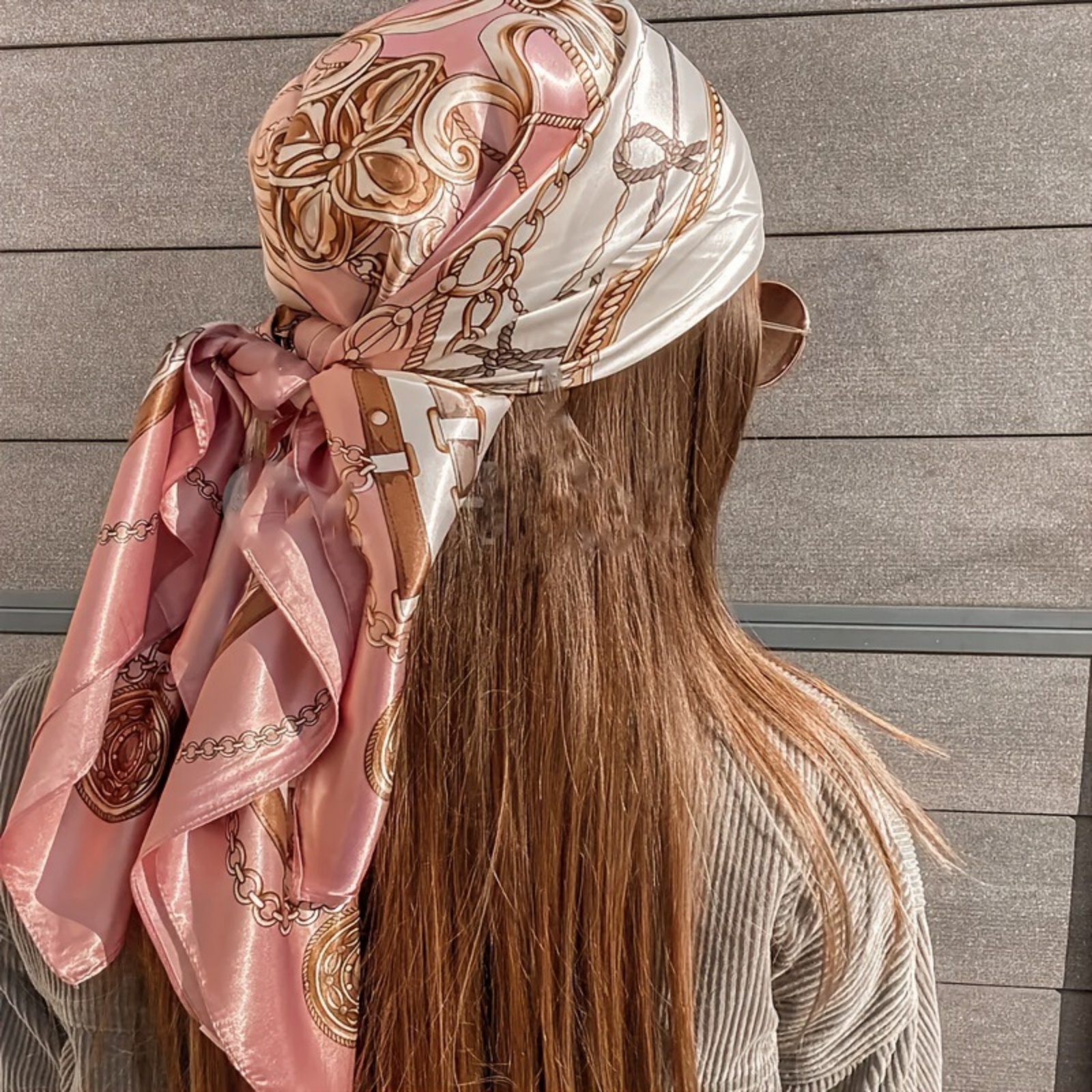 Pink Silk Scarf Hair Wrap, Vintage Chain Pattern Elegant Satin Headscarf, Large Square Hair Scarf For Women, Stylish Hair