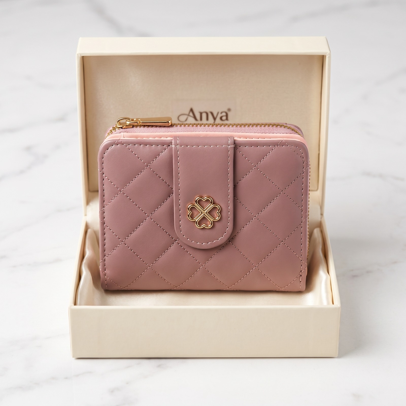 Anya Premium Quilted Women's Wallet – Pink Zipper Leather Card Holder & Coin Purse | Ladies Wallet Pakistan