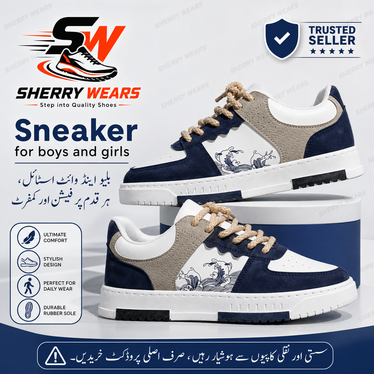 Sherry Wears Stylish Sneakers Shoes for Men Women Boys Girls | Casual Fashion Joggers | Trendy Lace-Up Sneakers | Comfortable Walking Shoes | Blue & White Combination | EU Size 6-11