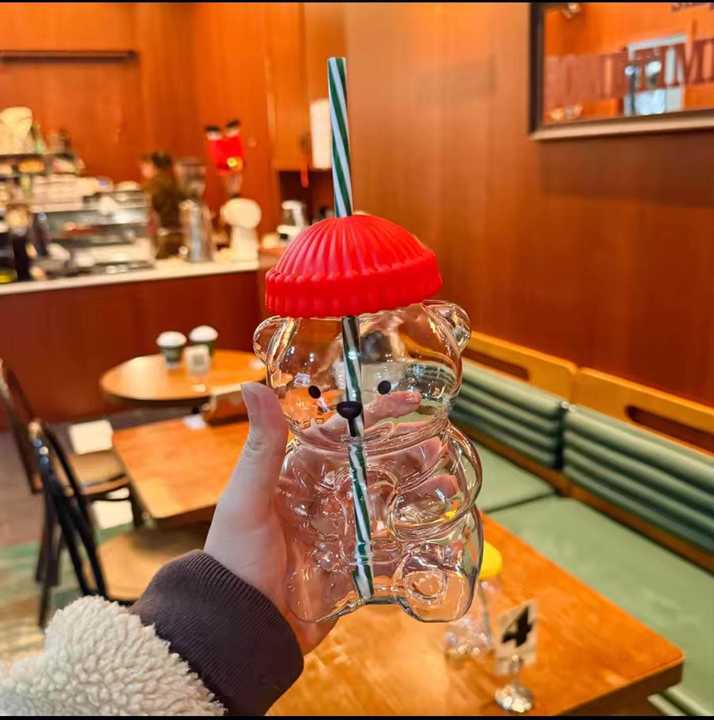 Glass Teddy Cup | Cute Teddy Bear Glass Cup | Aesthetic Drinking Cup | Large Capacity Water Cup | Reusable Glass Tumbler