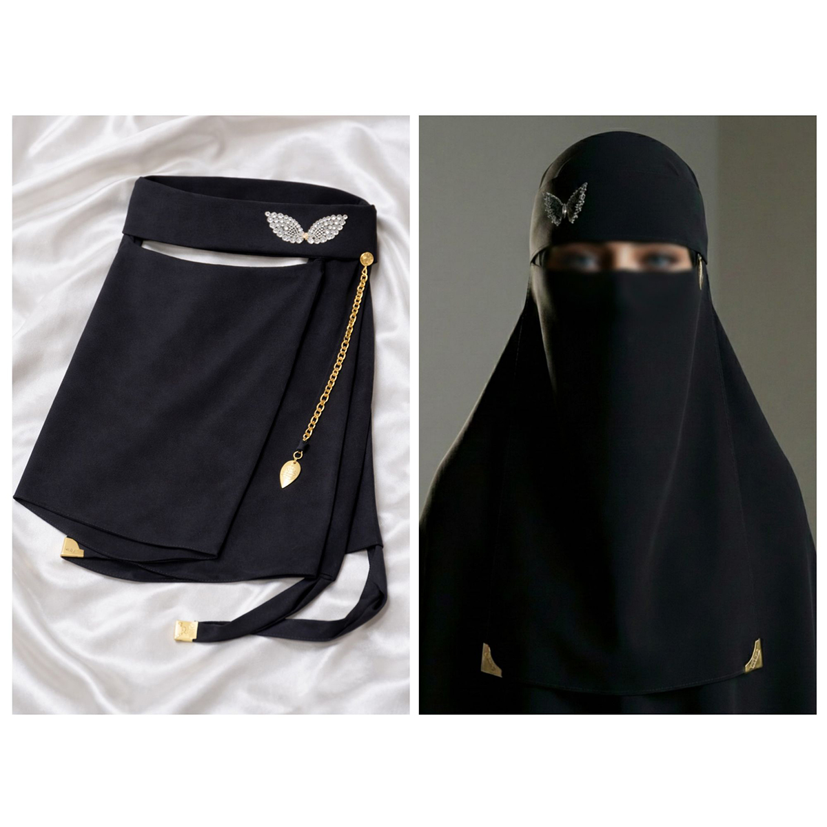 Black Niqab with Rhinestone Butterfly | fancy naqab | hijab | Premium full coverage hijab| clipped naqab