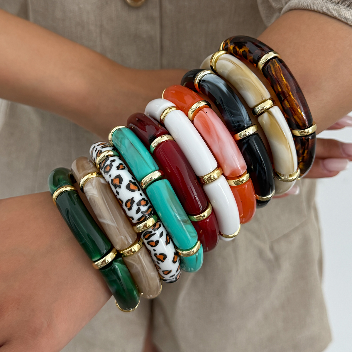KunJoe 10 Colors Vintage Stackable Leopard Resin Acrylic Bracelets for Women Bohemian Round Tube Beaded Elastic Bangle Bracelet