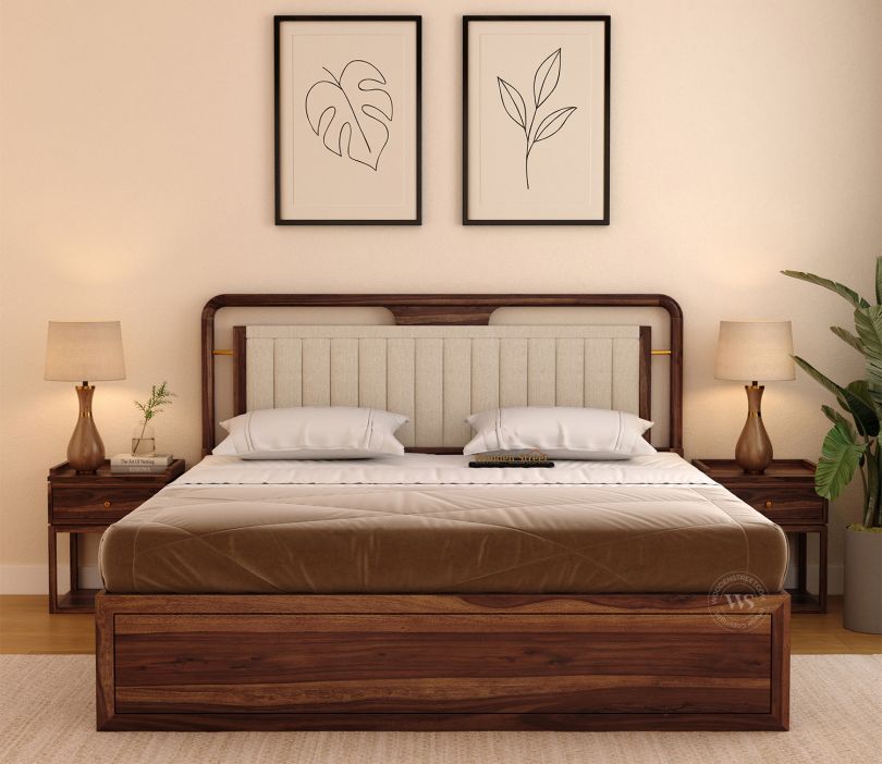 Sheesham Wood Bed with Upholstered Headboard & One Side  Drawer Storage (King Size, Jade Ivory, Teak Finish)