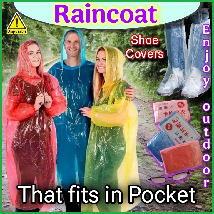 Raincoat and Rain Shoe Covers Disposable Raincoat (that fits in the pocket) Rain Ponchos, For Outdoor activities, Camping, Traveling, Hiking, Disposable Material,