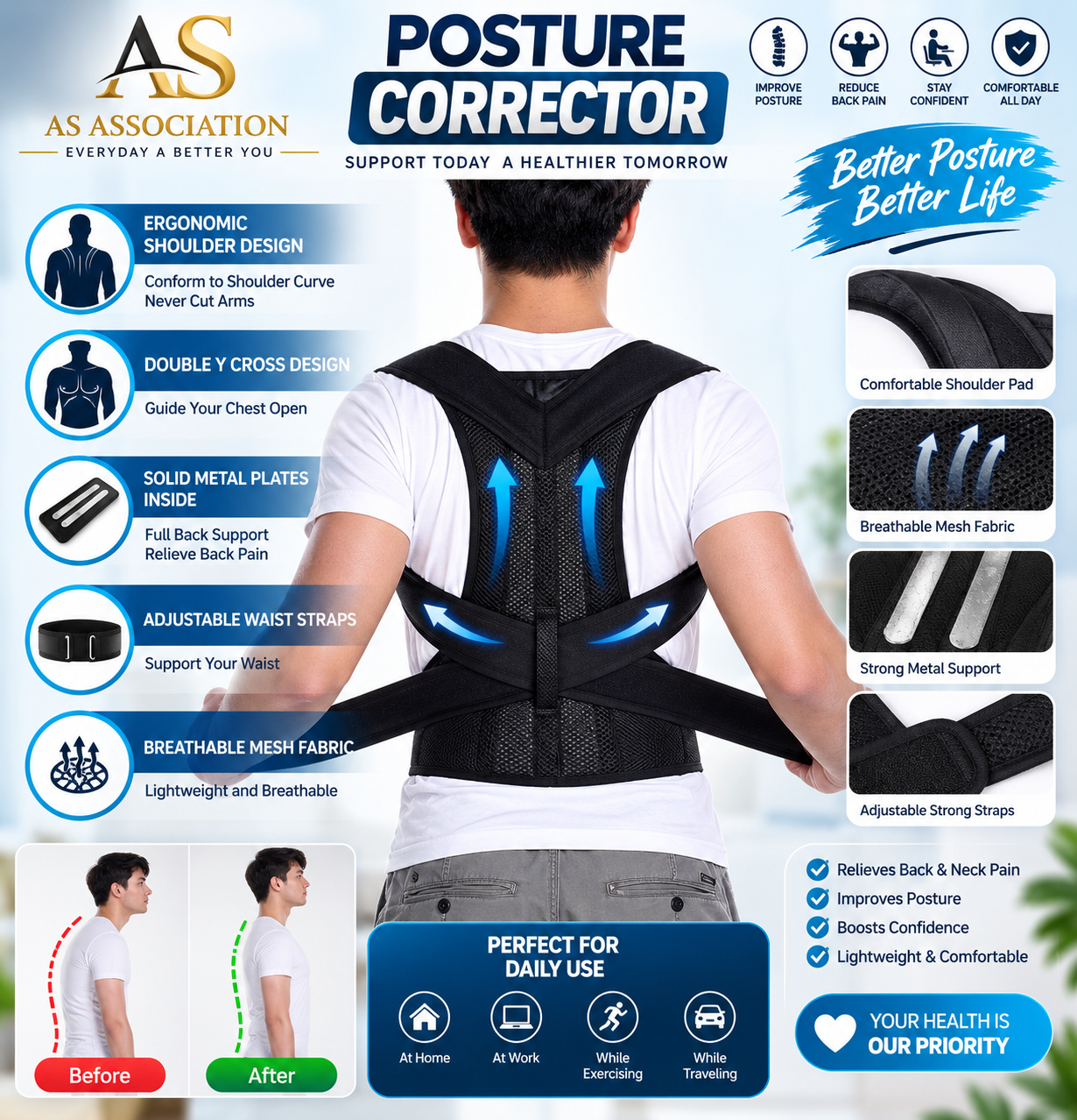 Posture belt, posture corrector belt, Back support belt, Back Pain Relief Shoulder Back Support Belt