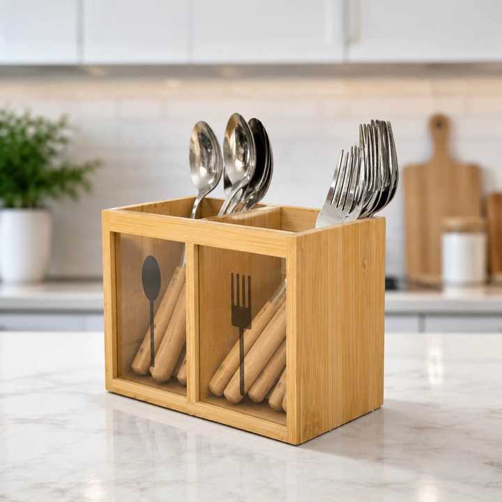 Bamboo Spoon Holder 2 Compartments | Wooden Cutlery Organizer | Kitchen Utensil Holder | Spoon Fork Storage Stand