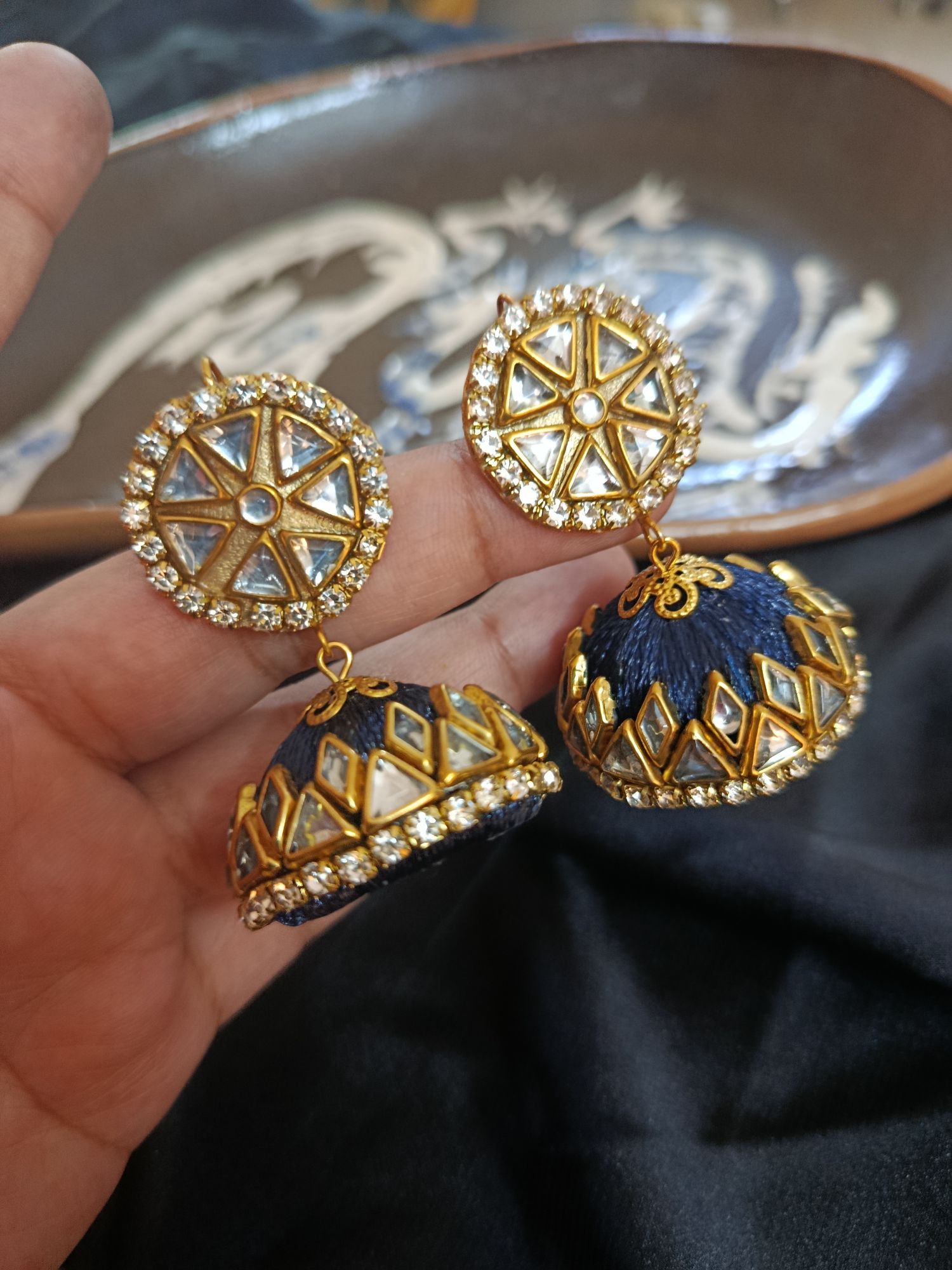 Handmade Silk Thread Jhumka Earrings – Golden work with Kundan & Stones