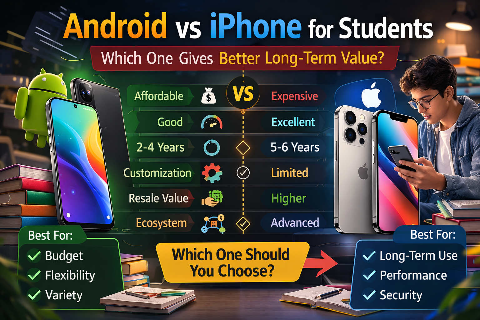 Android vs iPhone smartphone comparison for students showing price performance software updates and long-term value differences