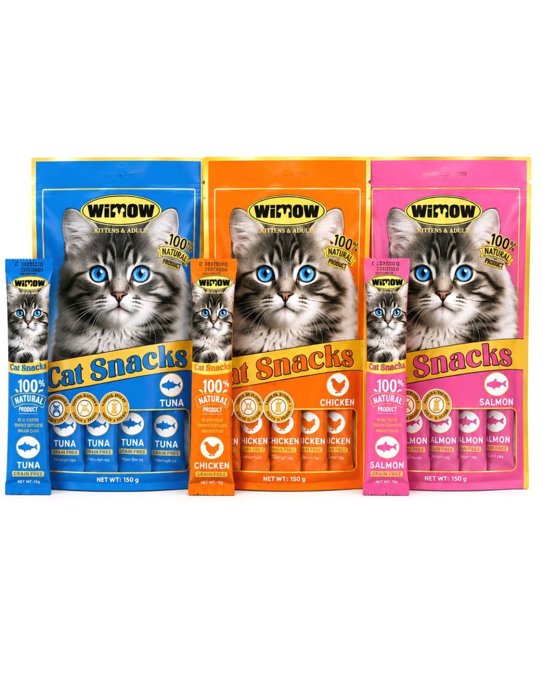 WIMOW Cat Creamy Treat Pack of 3 (15 Strips) | Lickable Cat Treat | High Protein Creamy Cat Snack | Multiple Flavours