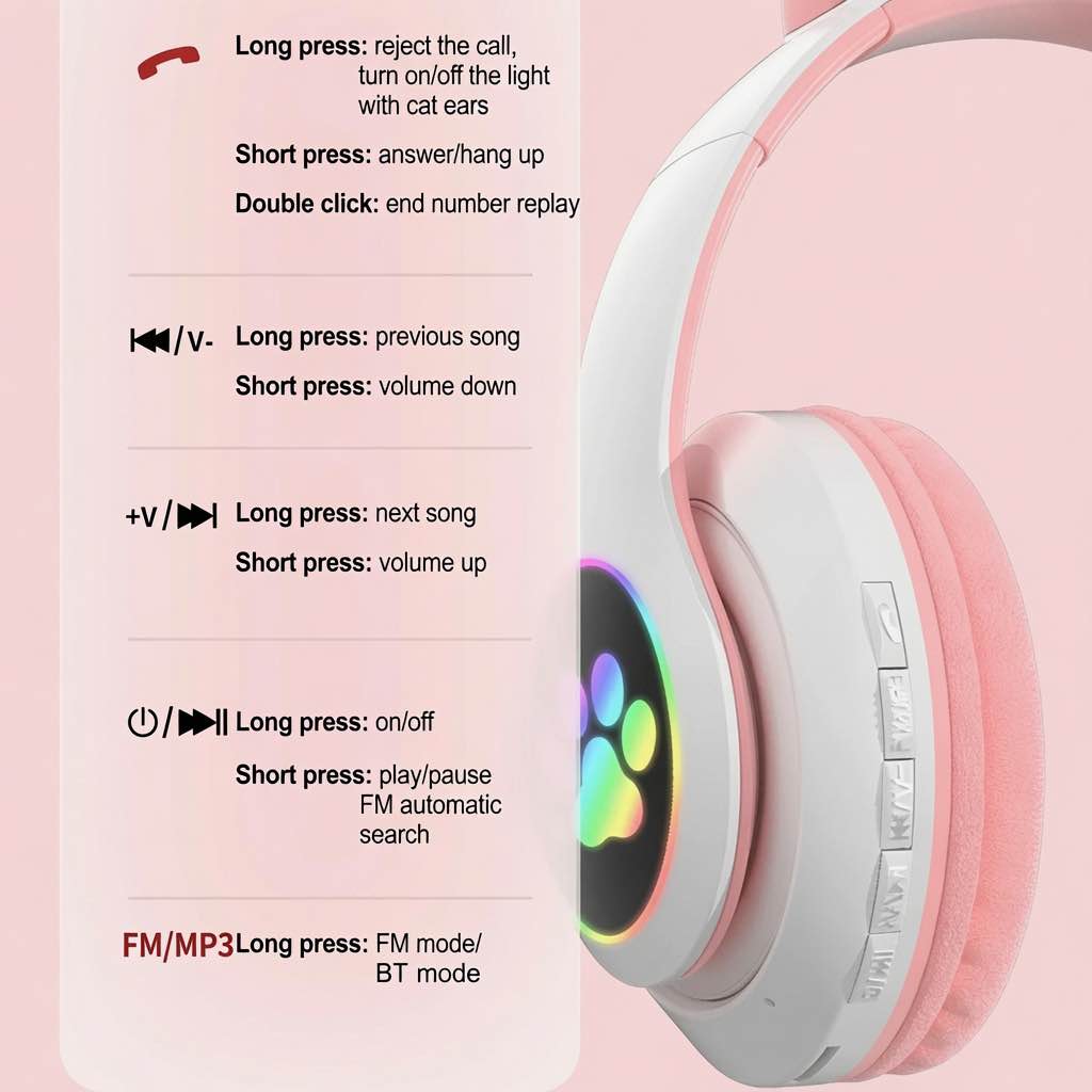 STN-28 Cat Wireless Headphones Bluetooth Over-Ear Headset with Cute Cat Ears