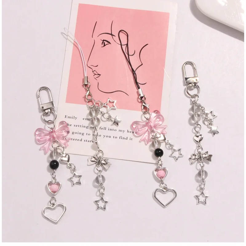 Y2K Kawaii Cute Phone Strap Charm Bow Heart Star Keychain Pendant Key Chain Bag Phone Chain Accessory For key All Phone Case phone charms