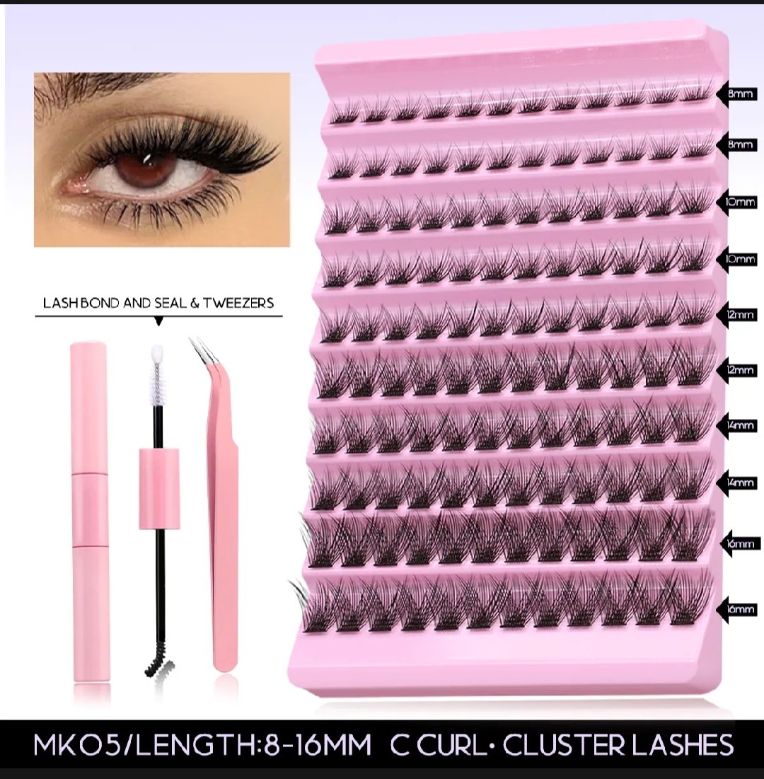 DIY Eyelash Extension kit,Lash Cluster kit waterproof Strong Hold Eyelash Bond, Eyelash Remover and Tweezer (200 Clusters).