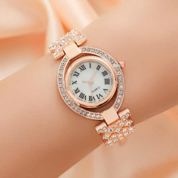 HOT DEALS NO 1 Luxury 2024 Brands Gold Women Quartz Watches Full Diamond Encrusted Seashell Surface Design Fashion Stainless Steel Strap Watch