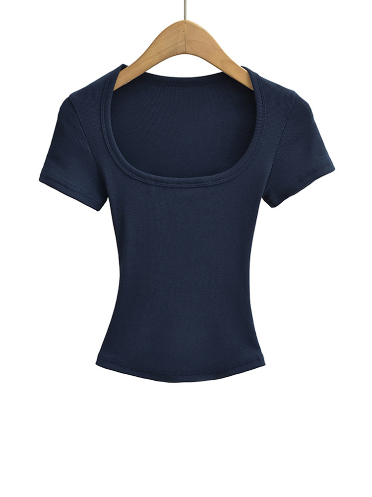 Women's Square Collar Slim Fit Crop Top High Stretch Short Sleeve Pullover  Summer Blouse T-shirt Bottoming