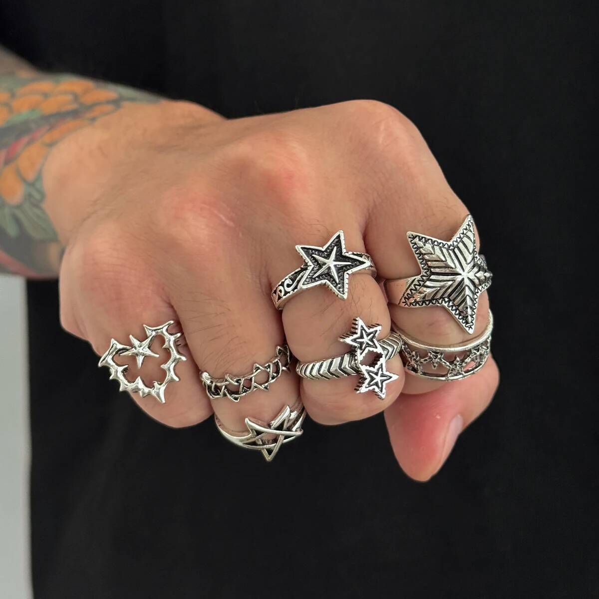 Lacteo 7Pcs/Set Gothic Five-Pointed Star Adjustable Open Rings For Men Trend Punk Love Heart Finger Ring Daily Party Jewelry New