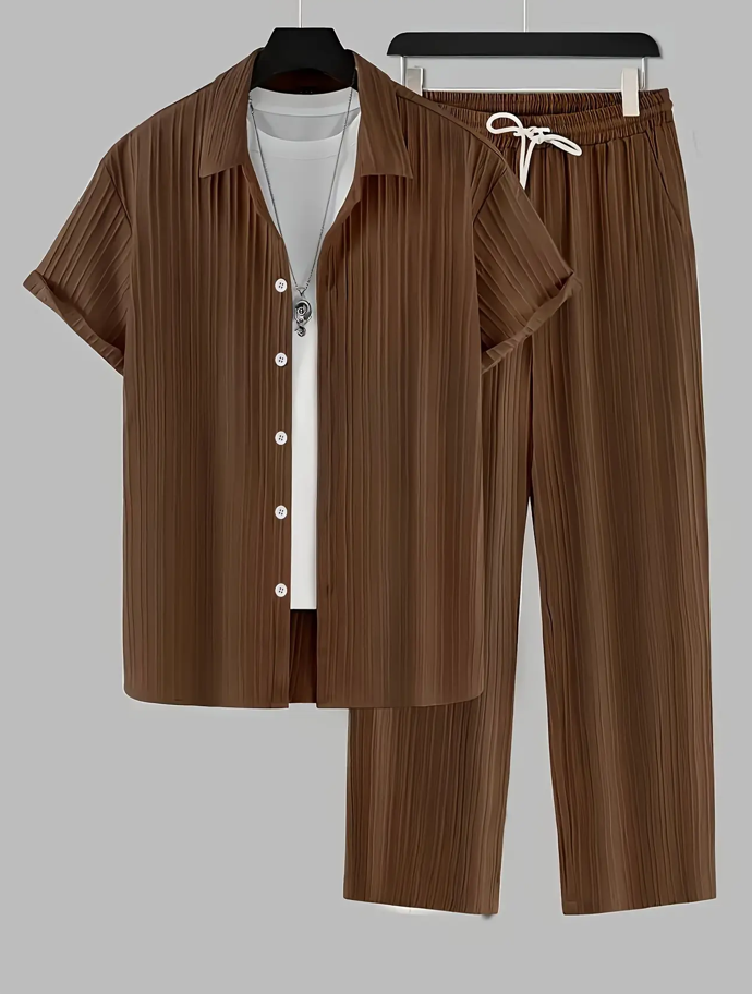 ALPHA MALE|Men Textured Co-Ord Set Short Sleeve Shirt and Trouser Summer Outfit Casual Two Piece Matching Set