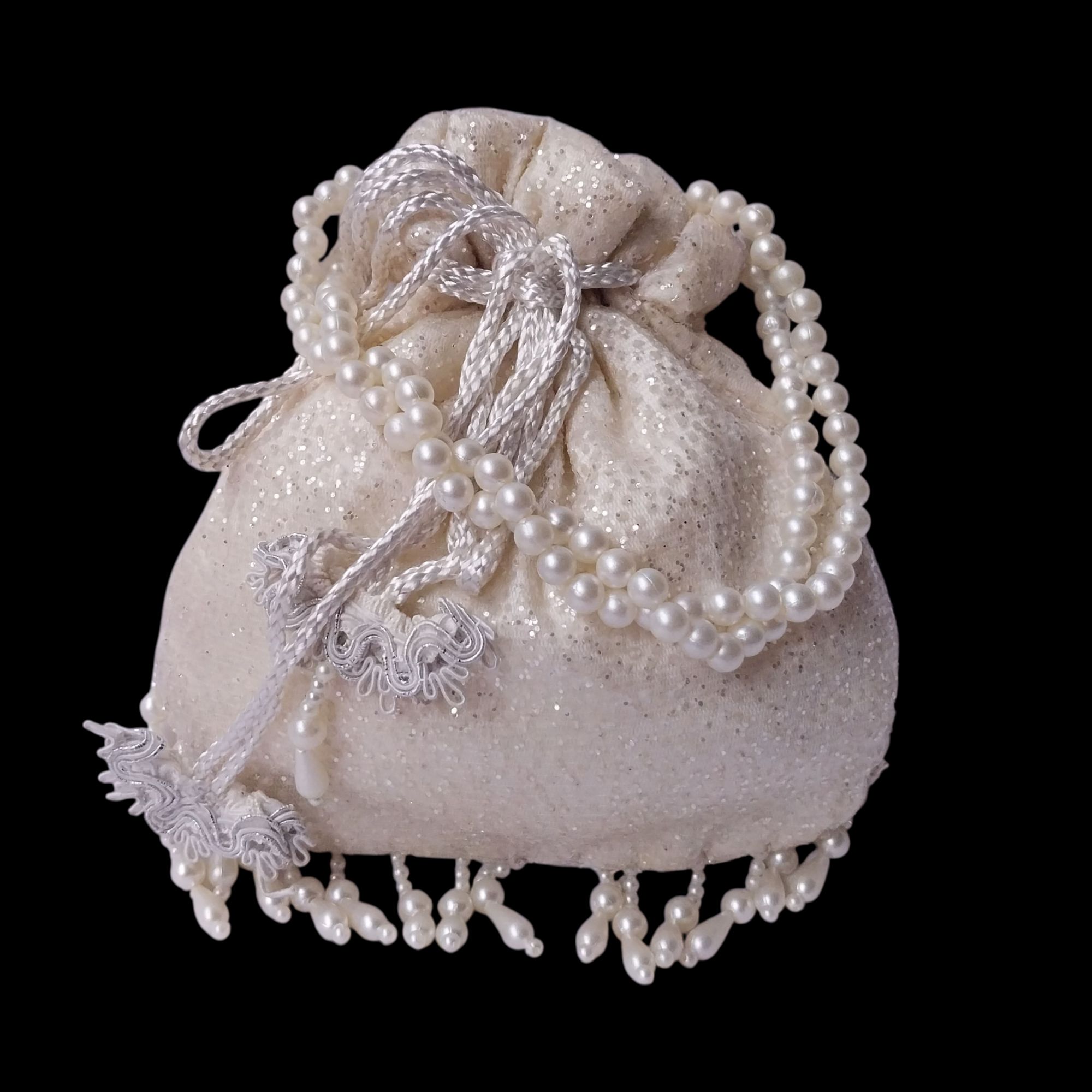 SHINY fancy potly clutch with pearl tassels