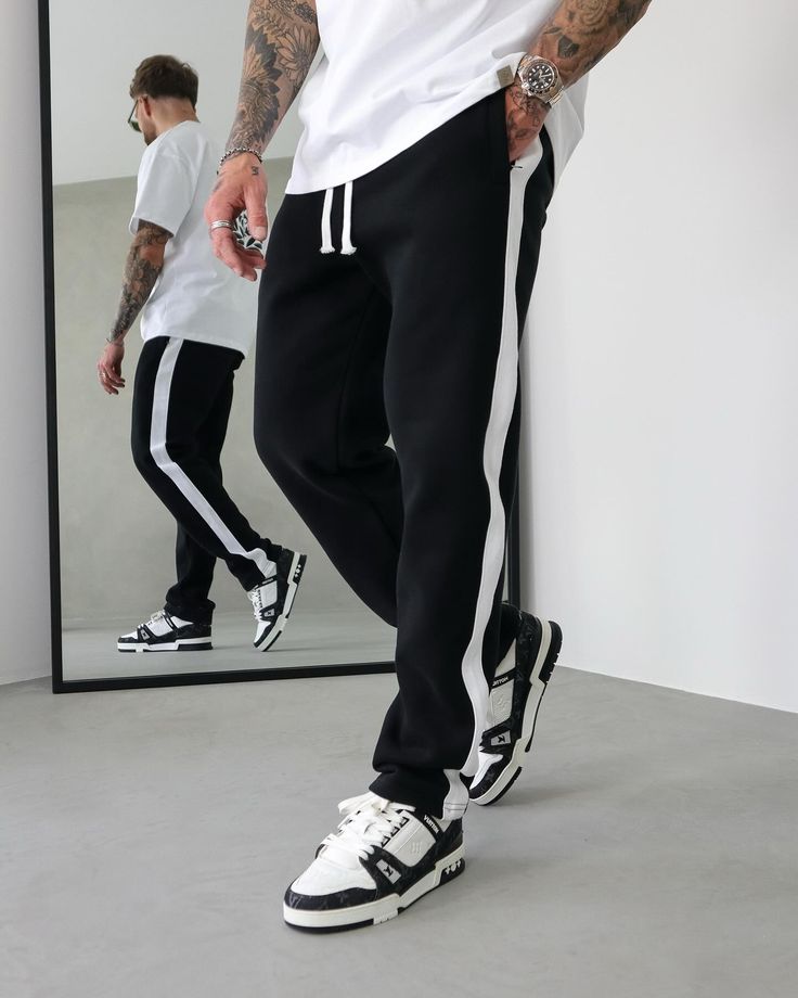 Men's Black Wide Leg Trouser with White Side Stripe