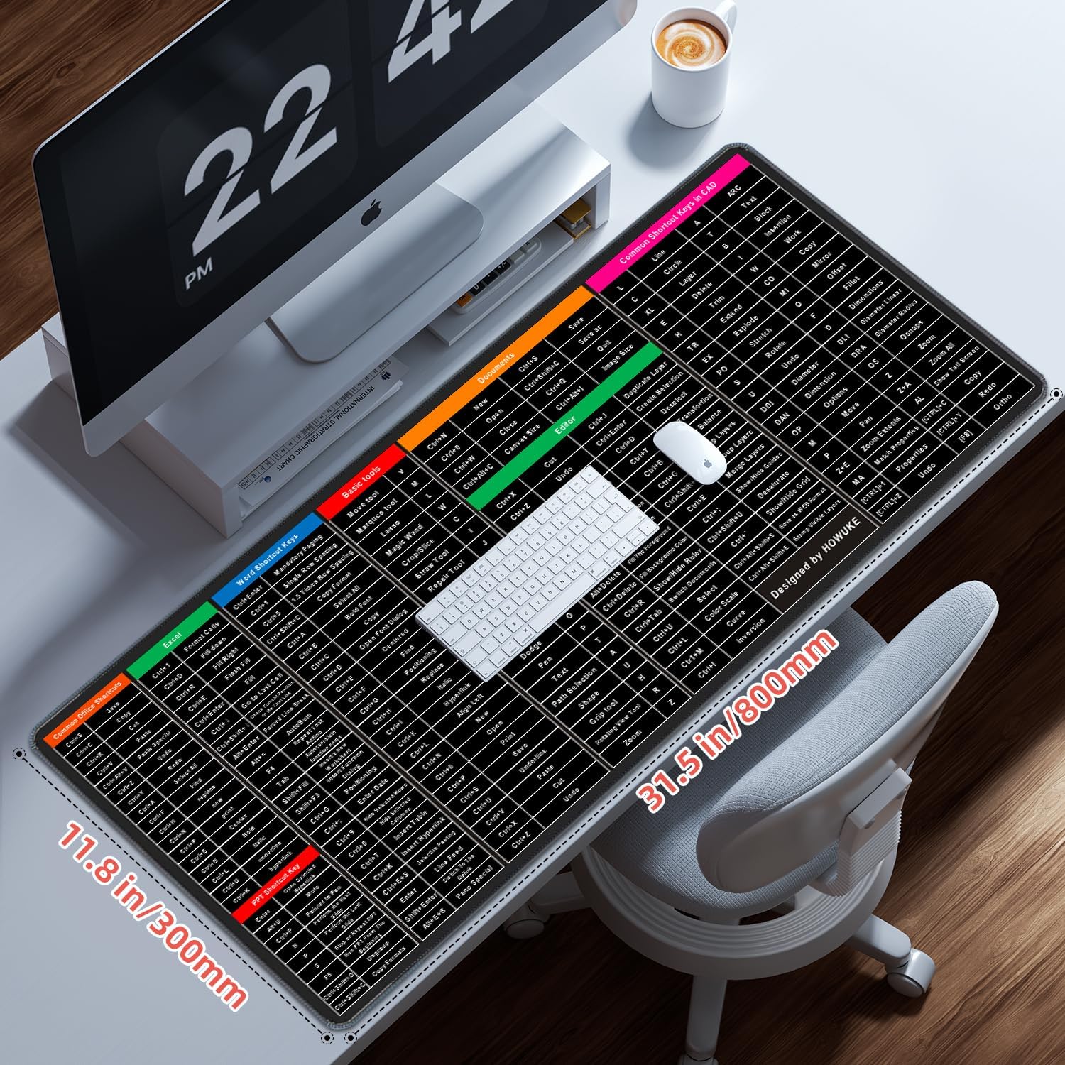 Keyboard Shortcut Mouse Pad 31.5 x 11.8 Inch – Office Excel Word PowerPoint Shortcut Cheat Sheet Desk Mat – Large Anti-Slip Keyboard Pad with Clear Shortcut Key Patterns