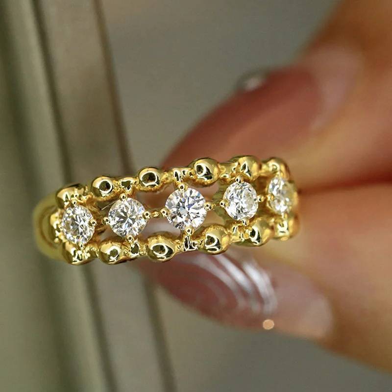 Huitan Trendy Gold Color Engagement Rings for Women Brilliant Cubic Zirconia Finger Accessories for Wedding Ceremony Party