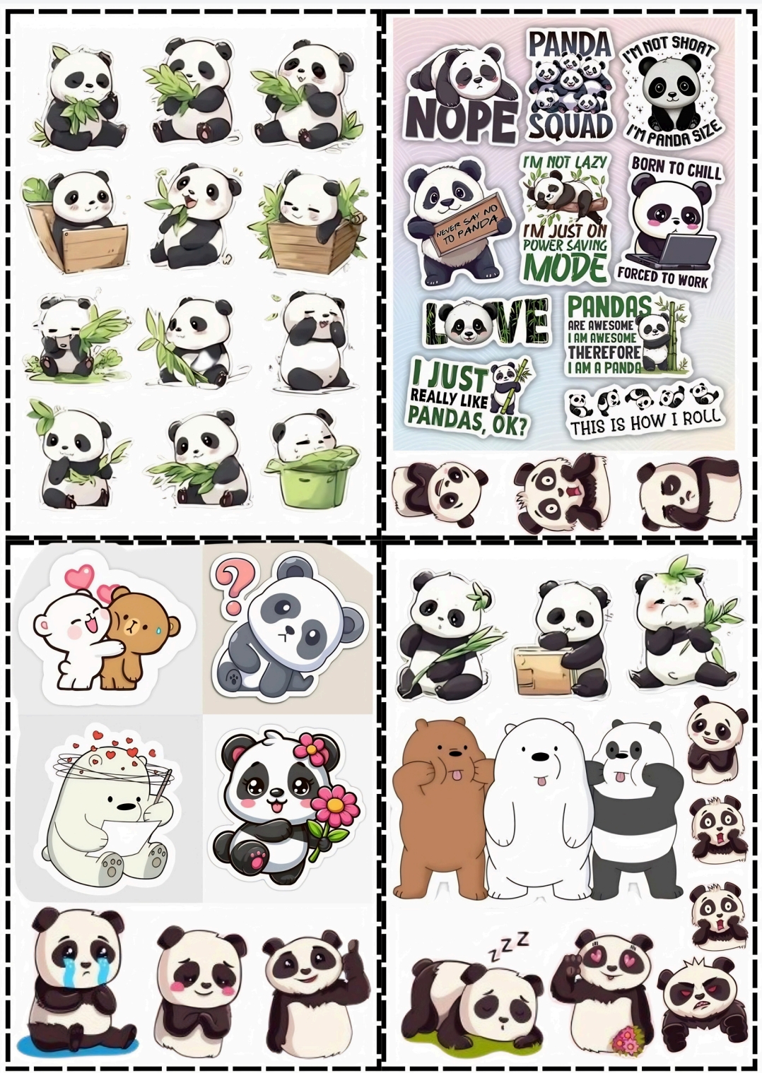 Mixed (40+) Panda Uncut  Stickers Pack – Cute Kawaii Panda Aesthetic Stickers | Laptop, Phone, Journal Decor