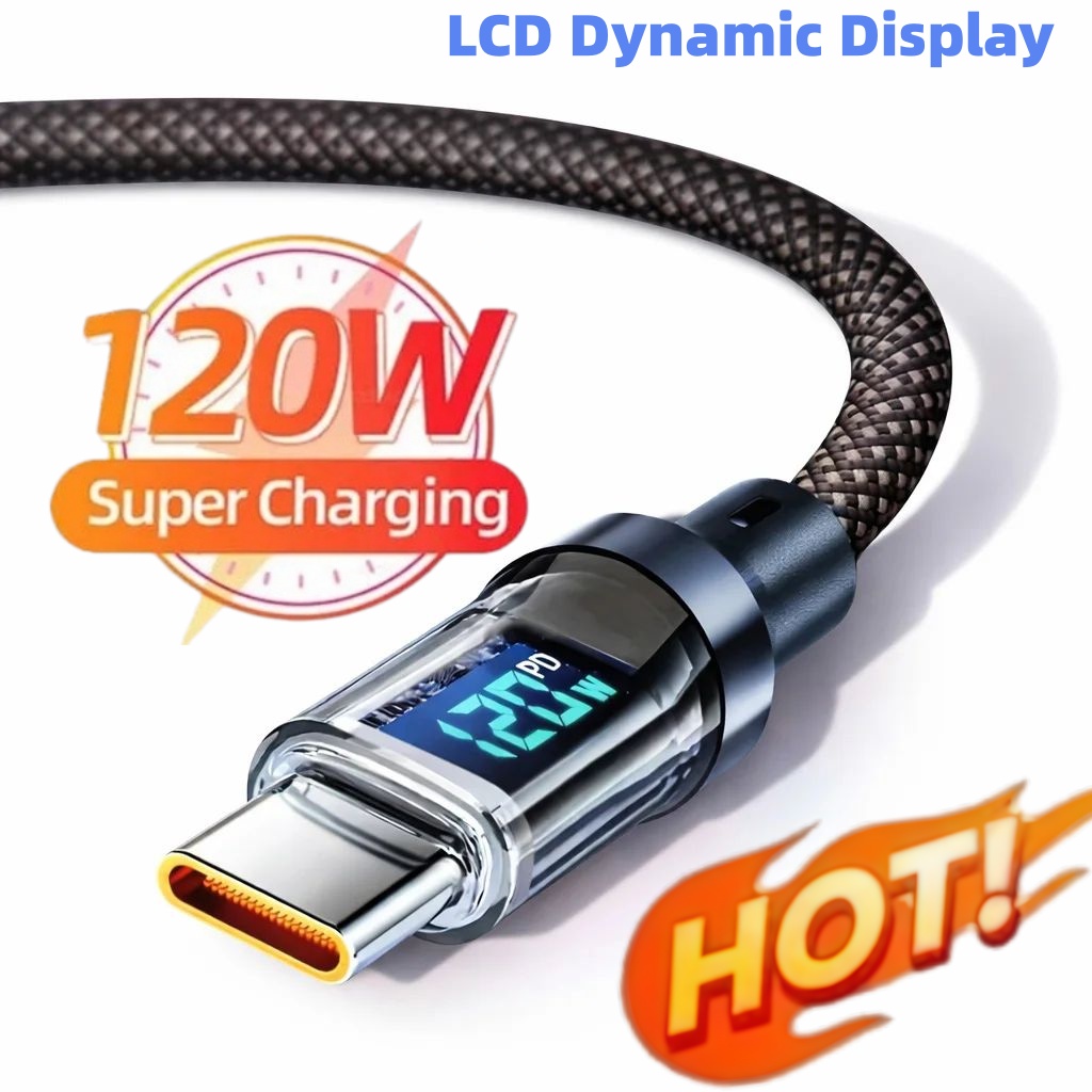 120W USB A to Type C Super Fast Charge Cable Nylon Data Cord for  POCO Redmi  With Led Digital Display Cable