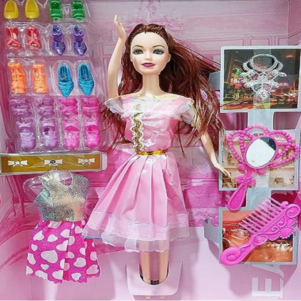 Barbie Doll with Dress And Shoes for Girls  Cute Barbie Long Hair Doll With shoes and Flexible Body | Soft Doll Set for baby Girl
