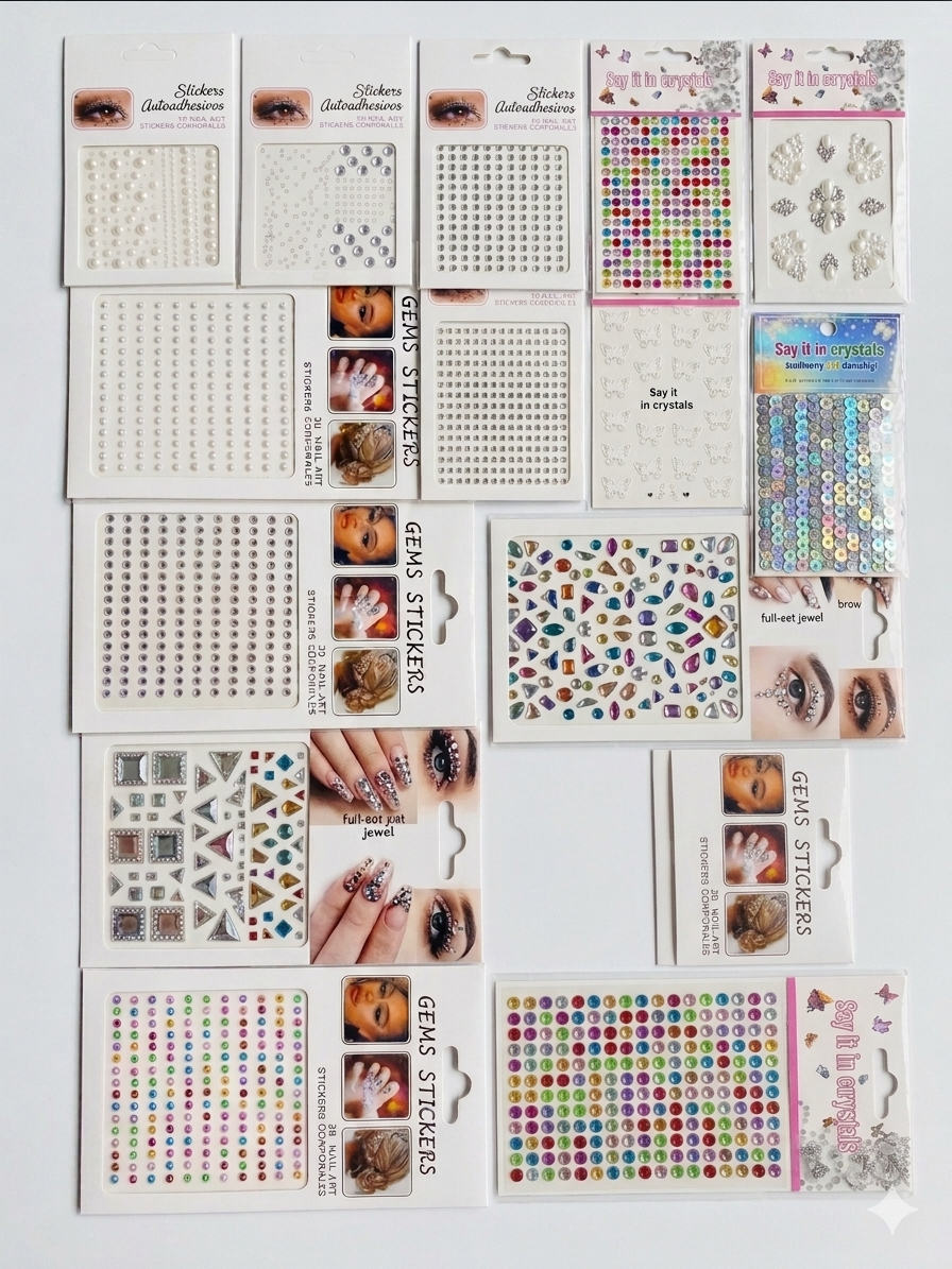 ​3D Crystal & Pearl Face/Nail Art Stickers Set – Face Gems, Body Jewels & Glitter Stone Sheets