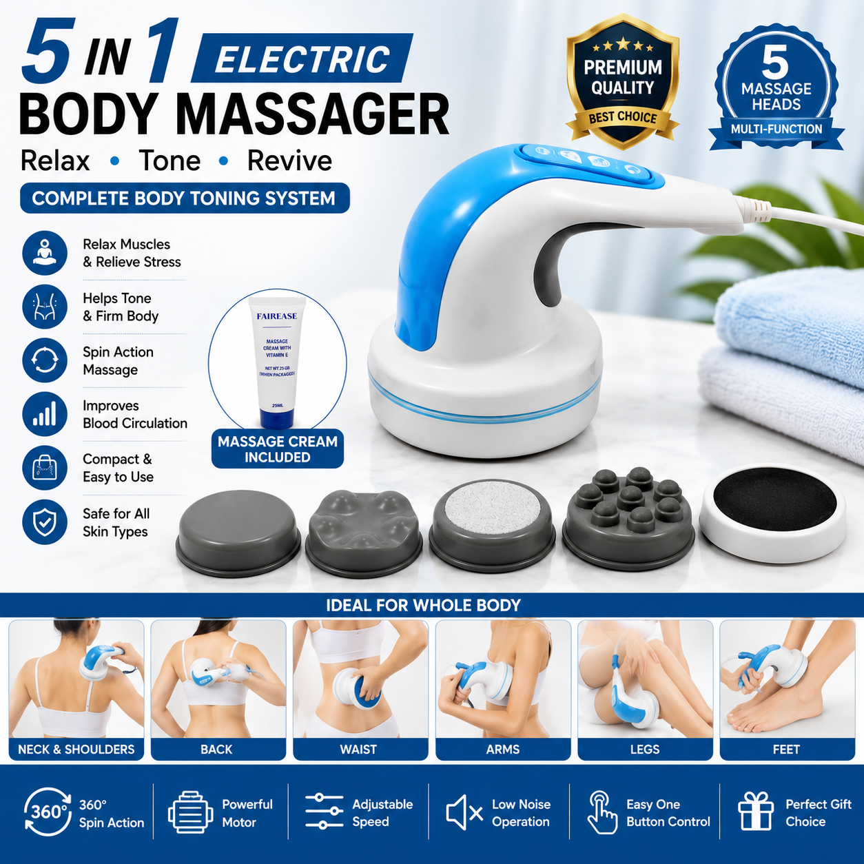 5-in-1 Electric Body Massager Machine, Spin Tone Massage Device for Full Body Relaxation, Body Care & Cellulite Massage