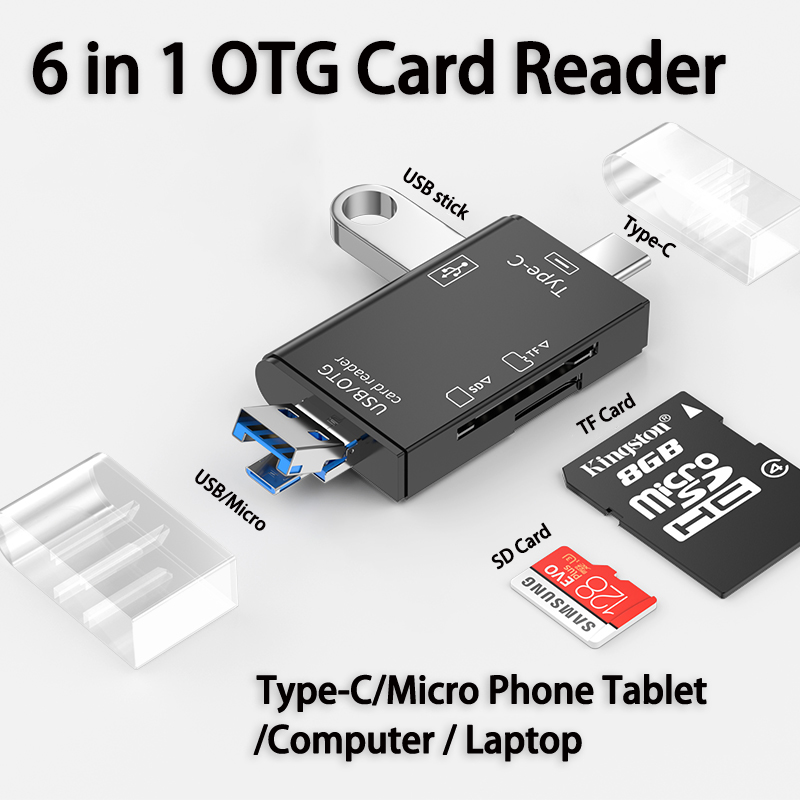 NNBILI 6 in 1 Card Reader OTG Type C Micro SD Card Reader Flash Drive Smart Memory Card Reader USB 2.0 TF CF Cardreader Adapter