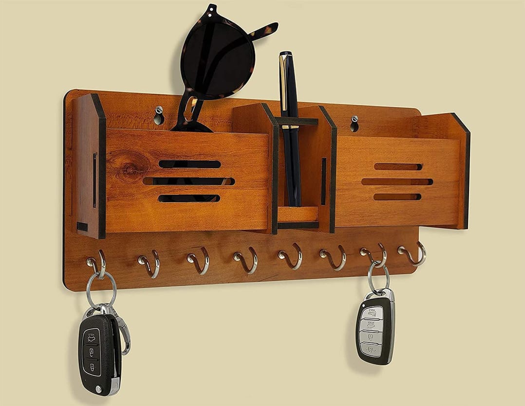 Multi-Function Wooden Key Rack Wall Organizer with Mobile Charging Stand