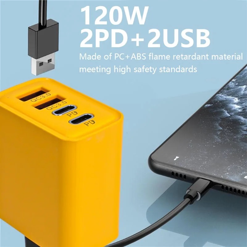 Ultra-Fast Dual PD + 2 USB Ports Power Adapter – Charge 2 Devices Simultaneously”