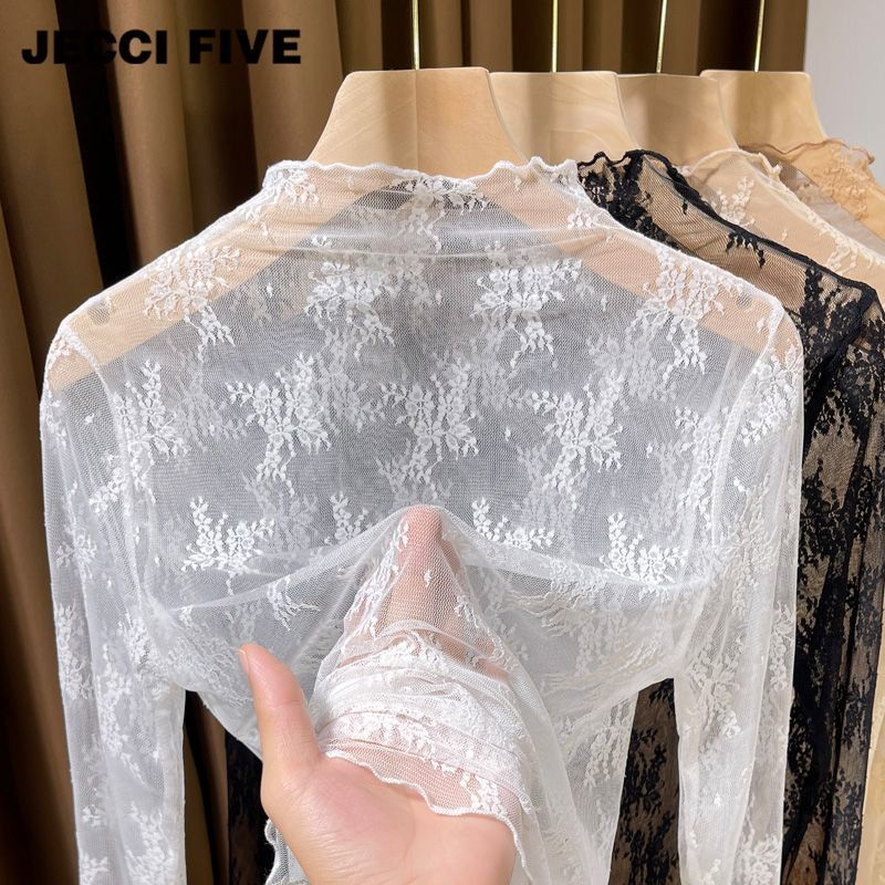 Women Sheer Lace Mock Neck Top New Fashion Thin Mesh Blouse Slim Fit Inner Wear For Sweater Elegant See Through Tee Shirt