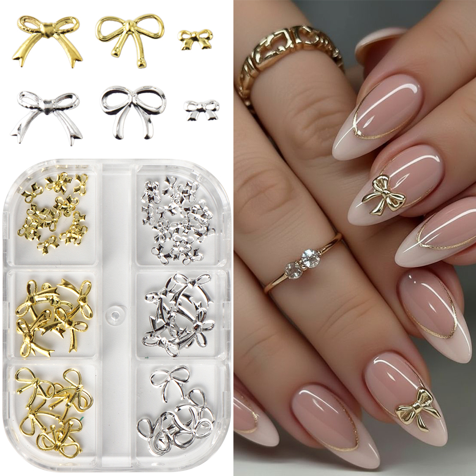 6 Girds Golden Silvery Metal Bow Knot Nail Decoration Bow Alloy Nail Charms Design Nail Decorations Studs Jewelry Nail Supplies