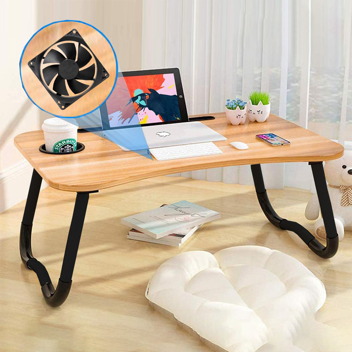 Single Fan Wooden Laptop Cooling Table Foldable Adjustable Bed Desk With Cup Holder Tablet Slot For Gaming Study Office Home Use