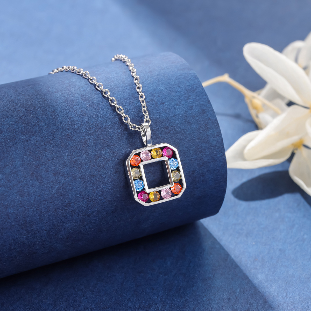 Fashion Colorful Crystal Square Geometric 925 Sterling Silver Jewelry Personality Pendant Necklaces  XL298